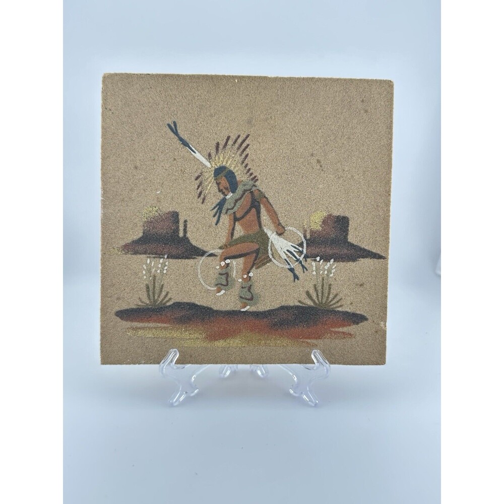 Vtg Native American Style Sand Art 'Hoop Dancer' Signed Wilson Price  Jr 8"x 8"